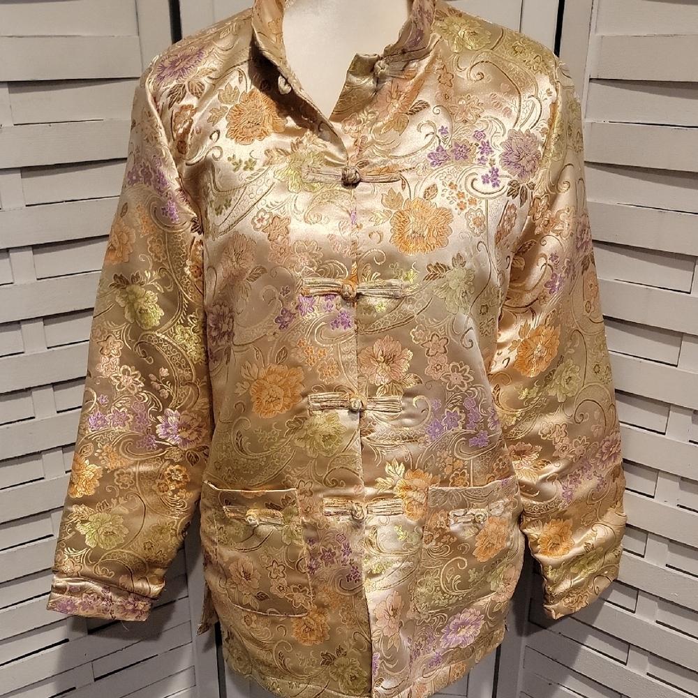 Robert Louis Vintage Gold Floral Silk Oriental Dinner Jacket Size Large